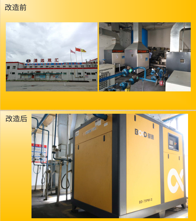 雙匯食品經葆德節(jié)能空壓機改造前后現場對比圖